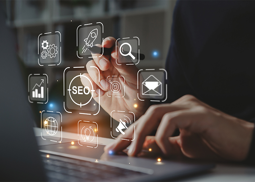 Close-up Of Hands Typing On A Laptop With An Overlay Of Seo Icons And A Magnifying Glass Graphic Close-up Of Hands Typing On A Laptop With An Overlay Of Seo Icons And A Magnifying Glass Graphic