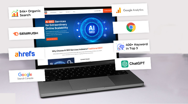 Laptop Displaying Ai SEO Tools And Analytics Icons.