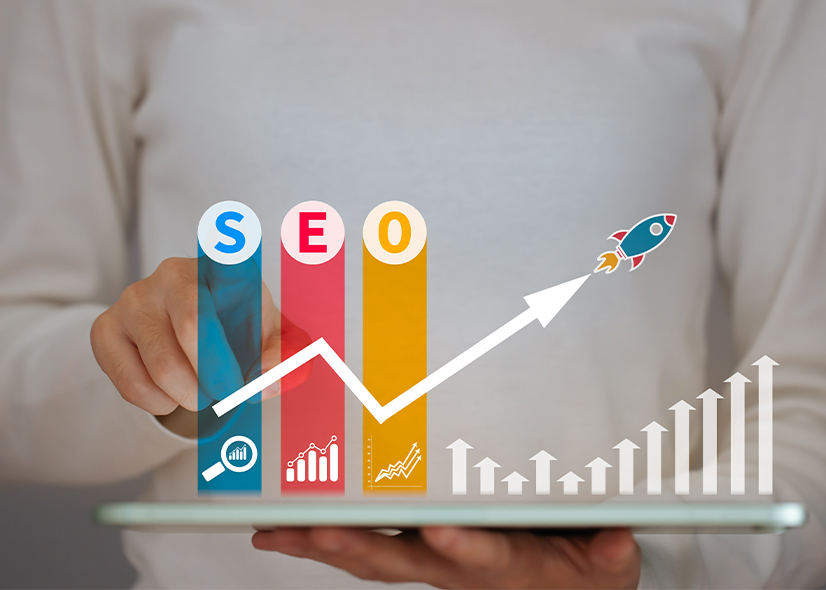 SEO Growth Concept With Rocket And Rising Graph On Digital Tablet