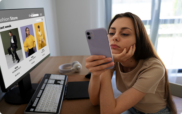 woman looking at phone while online shopping on computer woman-looking-at-phone-while-online