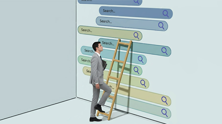 Businessman Climbing Ladder Toward Multiple Search Bars On A Wall Businessman Climbing Ladder Toward Multiple Search Bars On A Wall