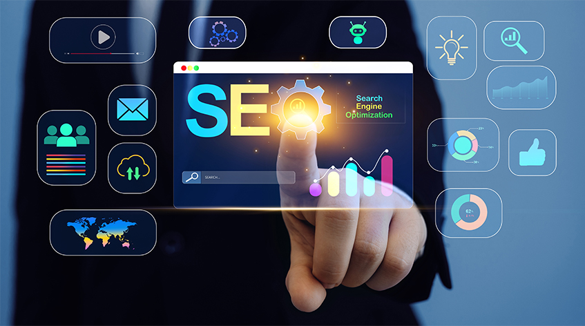 Person Touching A Digital SEO Interface With Optimization Icons Around It. Person Touching A Digital SEO Interface With Optimization Icons Around It.